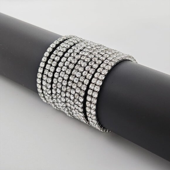 Crystal Stretch Bracelets Set Women Silver Gold Rhinestone Stackable Cuff - Picture 4 of 7